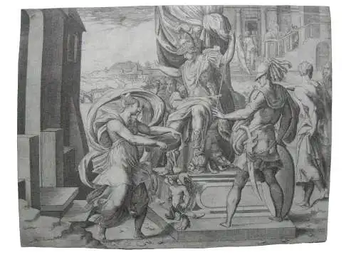 Giulio Bonasone (1531-1574) Vestalin Tuccia Unschuldbeweis Orig. Kupferstich