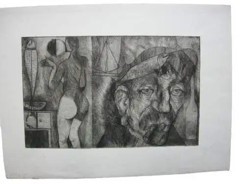 Ludwig Feil (1910-1980) Akt Kopf Orig Kaltnadelradierung signiert 1970 Mannheim