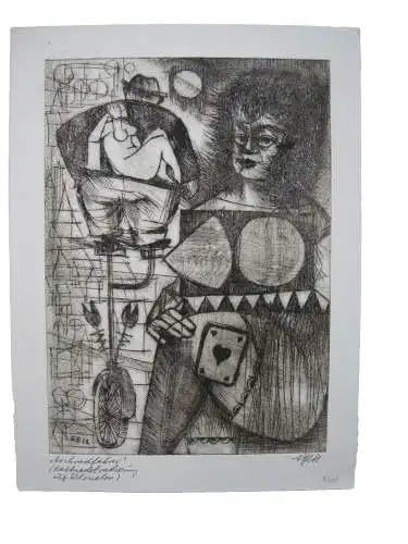 Ludwig Feil (1910-1980)  "Hochradfahrer" Orig. Radierung signiert 1970 Mannheim