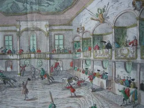 Guckkastenblatt Turniersaal kolor Orig Kupferstich 1750 Probst Optical view