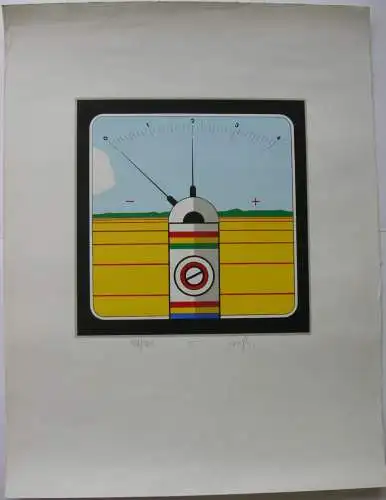 Werner Nöfer (1937 Essen) Parkuhr in Landschaft Orig. Lithographie signiert gelb