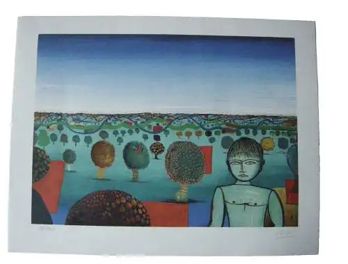 René Bro (1930-1986) Weibliche Figur vor grünen Hügeln Serigraphie signiert 1978