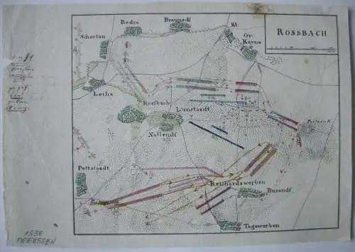 Rossbach Sachsen -Anhalt Siebenjähriger Krieg kolor Orig Kupferstichkarte 1838