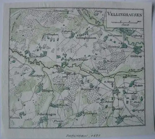 Vellinghausen Soest Siebenjähriger Krieg kolor Orig Kupferstichkarte 1838 NRW