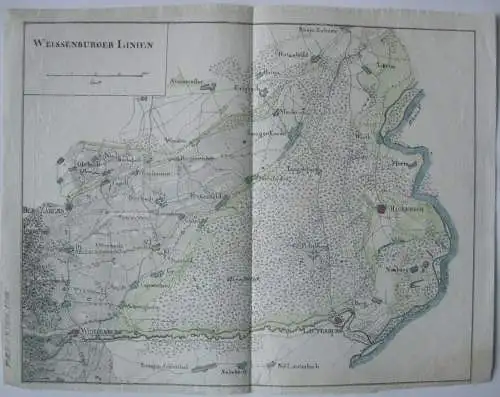 Weissenburger Linien Alsace Erbfolgekrieg kolor Kupferstichkarte 1838 France