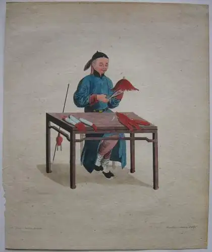 Pu-QUA (1494-1552) Chinesischer Mützenmacher kolor Kupferstich Dadley 1800 China