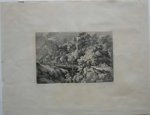 Ferdinand Kobell (1740-1799) Brücke in bewaldeter Landschaft Orig Radierung 1778