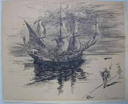 Rudof Hesse (1871-1944) Karikatur Karavelle am Kai Tuschzeichnung signiert