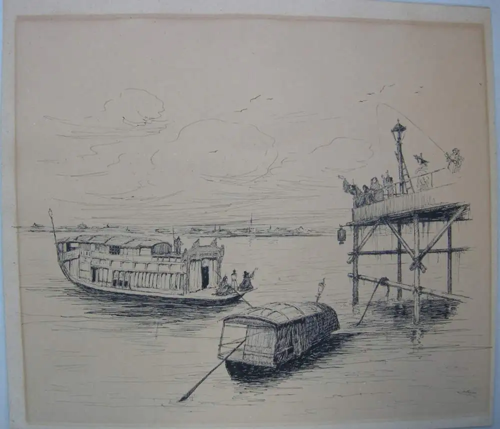 Rudof Hesse (1871-1944) Karikatur Chinesische Dschunken Tuschzeichnung signiert 0