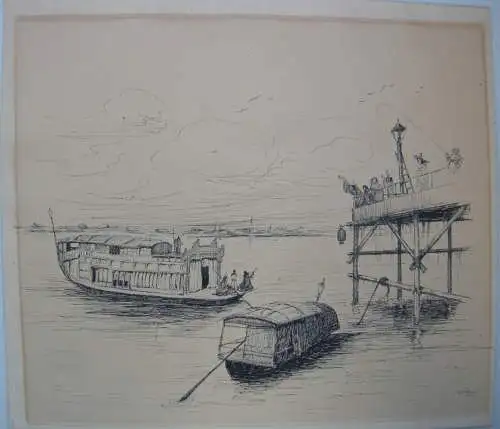 Rudof Hesse (1871-1944) Karikatur Chinesische Dschunken Tuschzeichnung signiert
