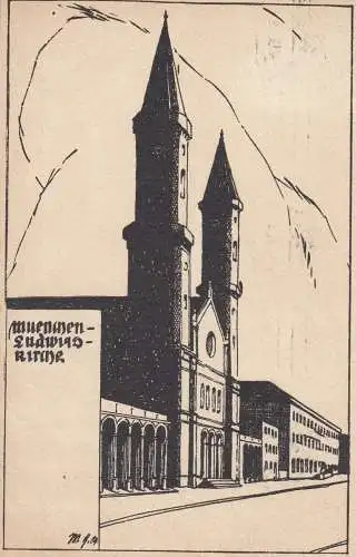 AK Willi Geiger Künstlerkarte Ludwigskirche München Jugendstil Litho gel 1914