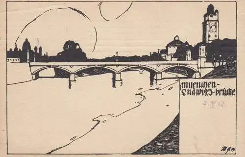 AK Willi Geiger Künstlerkarte Ludwigsbrücke München Jugendstil Litho gel 1912