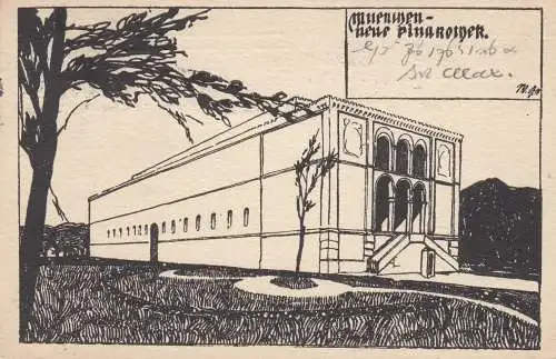 AK Willi Geiger Künstlerkarte Alte Pinakothek München Jugendstil Litho gel 1912