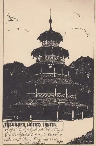 AK Willi Geiger Künstlerkarte Chines Turm München Jugendstil Litho gel 1912