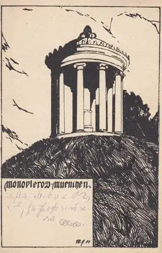 AK Willi Geiger Künstlerkarte Monopteros München Jugendstil Litho gel 1912