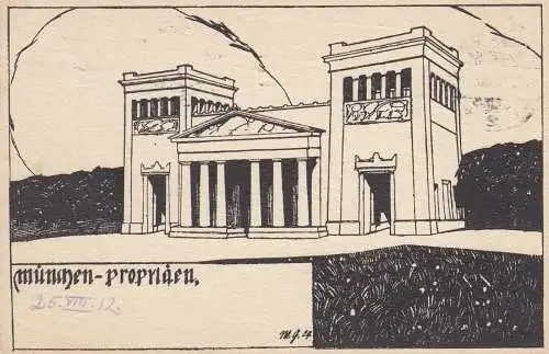 AK Willi Geiger Künstlerkarte Propyläen München Jugendstil Litho gel 1912