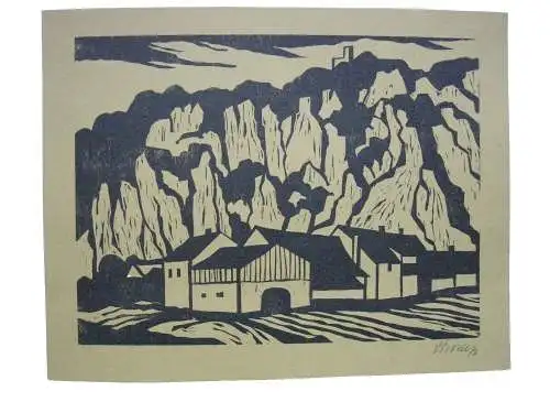 Ernst Strom (1929-2019) Dorf an Felswand Orig Holzschnitt signiert 1972