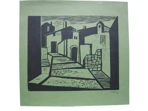 Ernst Strom (1929-2019) Griechisches Dorf Orig Holzschnitt signiert 1976