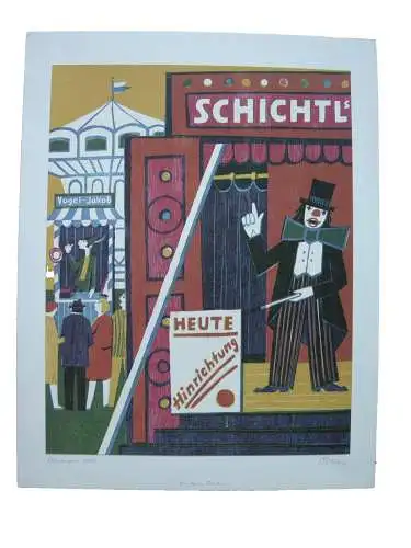 Ernst Strom (1929-2019) Oktoberfest Schichtl Orig Farbholzschnitt signiert 1985