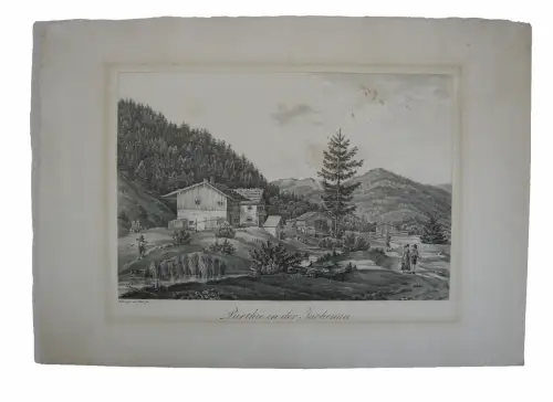 Parthie in der Jachenau Bad Tölz Orig. Lithographie J. C. Ettinger 1822
