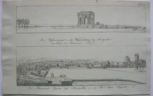 Montpellier Promenade Peyrou Tempel France Frankreich  Inkunabel Lithogr 1818