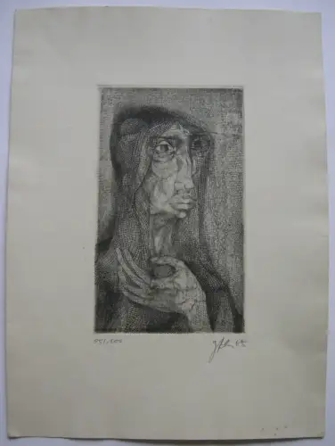 Günther Filus (1935-2012) Portrait Frau mit Schleier Radierung signiert 1965