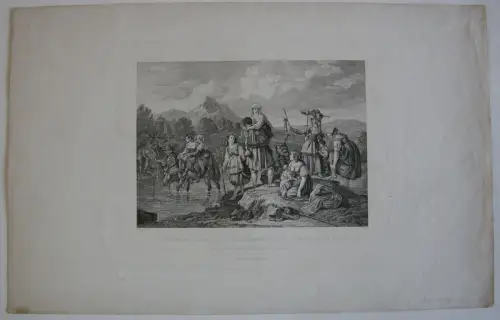 Römische Pilger überqueren Bach Orig Radierung Ludwig Richter 1833