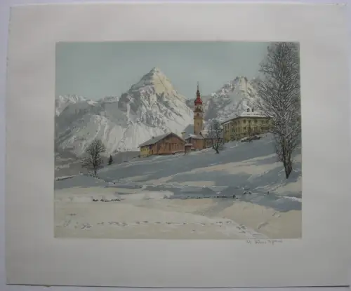 Hans Figura (1898-1978) Österreich Alpendorf Winter Aquatinta signiert 1930