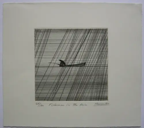 Art Hansen (1929-2917) Fishermän in the Rain Orig. Radierung signiert 1982