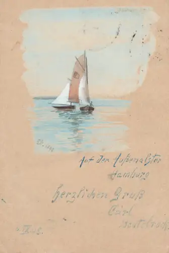 AK Segelboot auf der Außenalster Hamburg Aquarell 1898 gelaufen