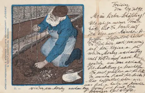 AK Gärtner beim Pflanzen Künstlerkarte Jugend Jugendstil gel  1898