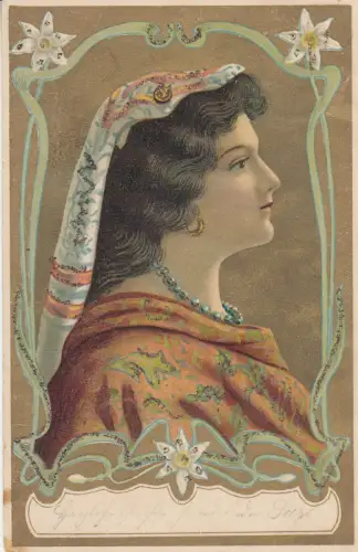 AK Orientaische Schönheit Portrait Profil Jugendstil gel  1901