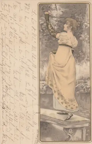 AK Elegante Dame beim Äpfelpflücken Litho gel 1911