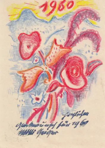 AK Willi Geiger Orig Aquarell Glückwunschkarte Neujahr 1959 Autograph