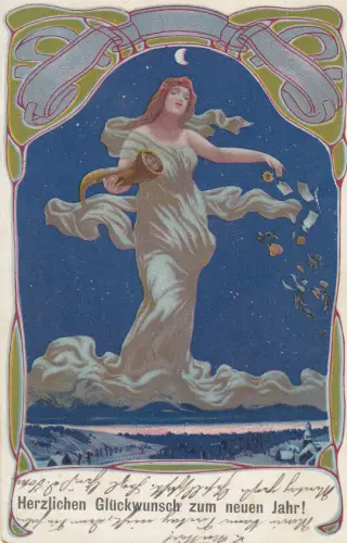 AK  Glückwunsch Neujahr Weibl Gestalt mit Füllhorn Jugendstil gel 1913 Litho