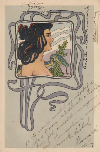 AK Portrait junge Frau Jugendstilornamentik  Jugendstil gel 1910 Litho