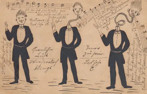 AK Tuschzeichnun drei skurile Sänger Notenzitate Kapelmeister Hans Spröth 1902