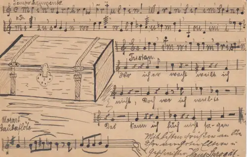 AK Tuschzeichnung Reisekoffer Notenzitate Kapellmeister Hans Spröth 1902