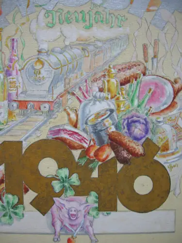 Hans Wehnert Graphiker Leipzig Prosit Neujahr 1946 Aquarell Orig Entwurf 1930