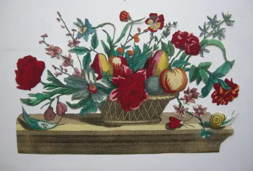 M. Engelbrecht (1684-1756) Scrap Stilleben Blumen Früchte kol Kupferst 1740