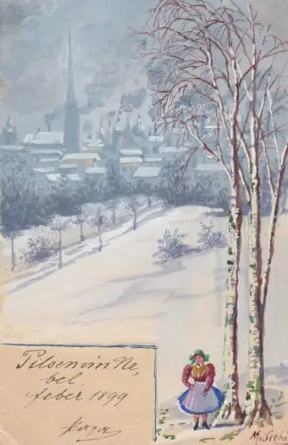 AK Pilsen im Nebel Orig Aquarell Max von Seehof 1899 Tschechien