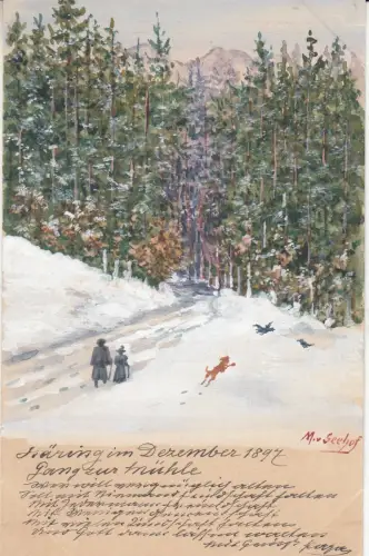 Ak Häring Gang zur Mühle Orig Aquarell Max von Seehof 1897 Österreich