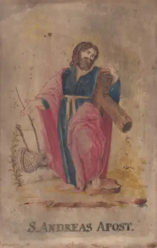 Heiligenbild Heiliger Andreas Gouache auf Pergament 18. Jahrh.