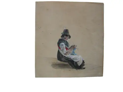Strickende Bäuerin in Tegernseer Tracht Orig. Gouache um 1850 Kostüm