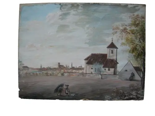 München Gesamtansicht Bogenhausener (?) Kirchlein Orig Gouache um 1900