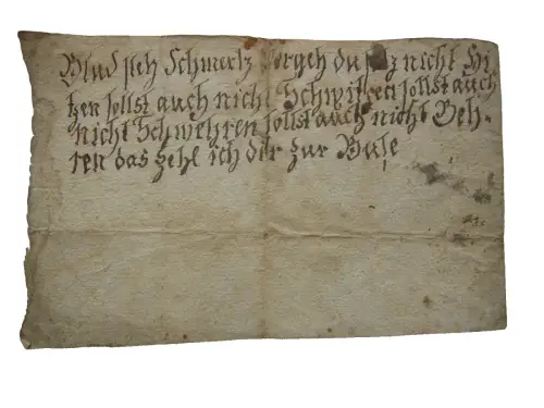 Atropäische Handschrift auf Papier Schutzbrief Blut Schmerz Buße 17./18. Jahrh