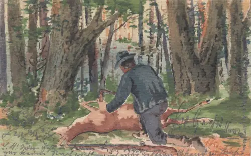 AK Jäger mit erlegtem Reh Aquarell H. Kisskalt 1903