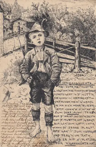AK Junge in bayerischr Tracht mit Peitsche Bleistiftzeichnung Kisskalt 1903 sign