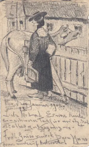 AK Besuch auf dem Bauernhof Bleistiftzeichnung H. Kisskalt 1903 sign