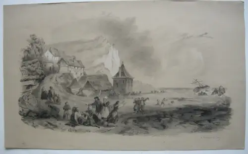 Schiffsunglück Fischerdorf Stürmisches Meer Bleistiftzeichung sign Anna Droz 